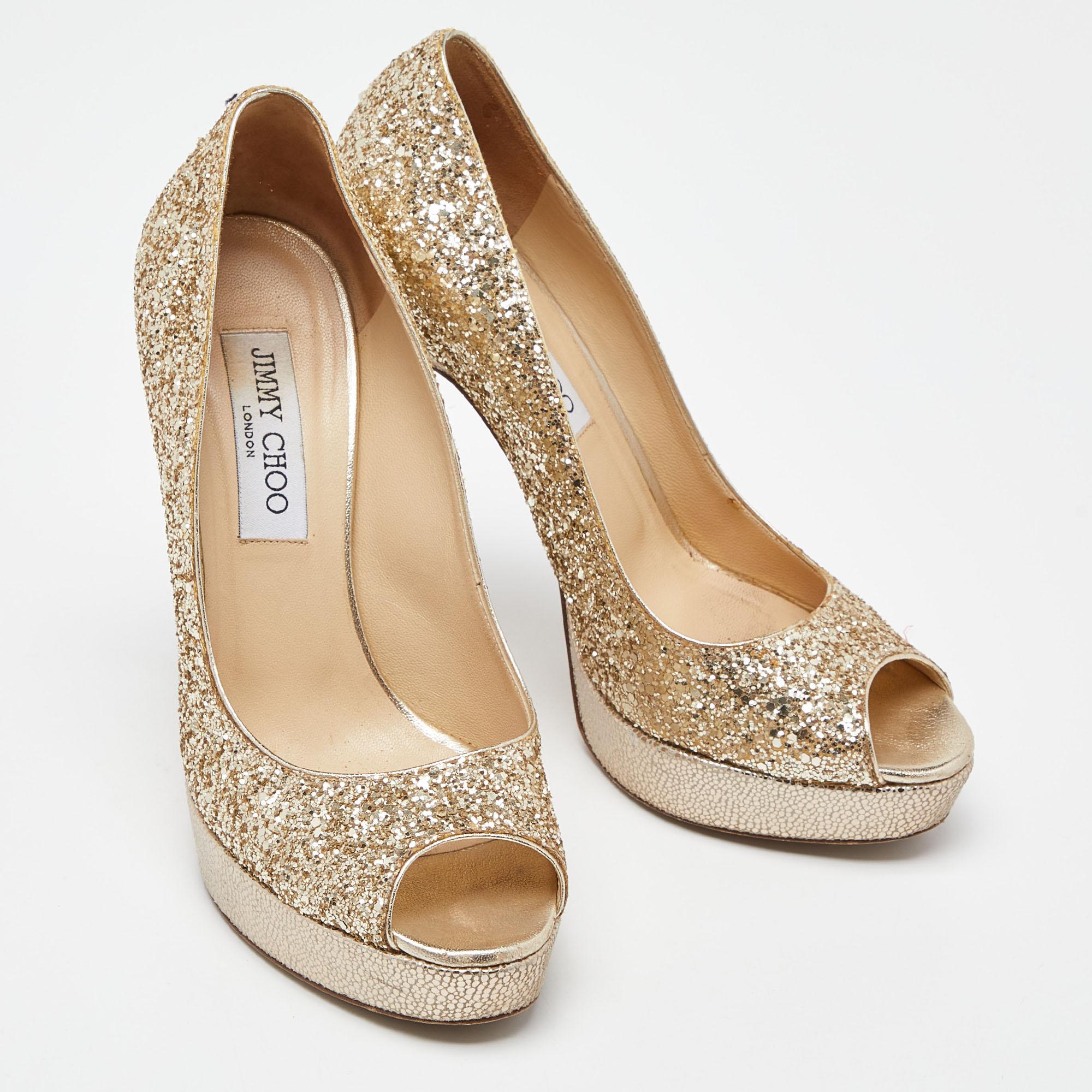 Women's Jimmy Choo Gold Glitter Dahlia Platform Peep Toe Pumps Size 38