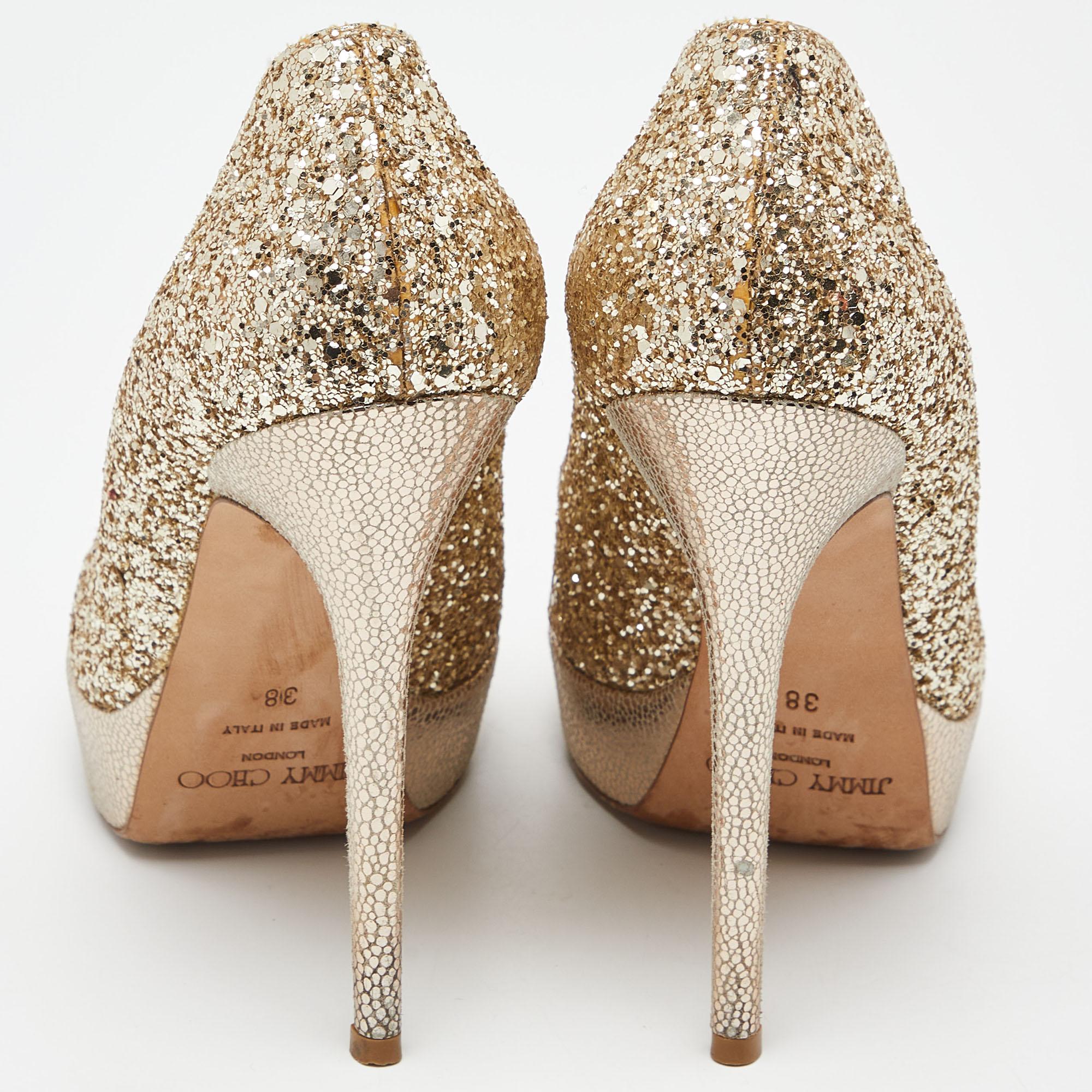 Jimmy Choo Gold Glitter Dahlia Platform Peep Toe Pumps Size 38 1