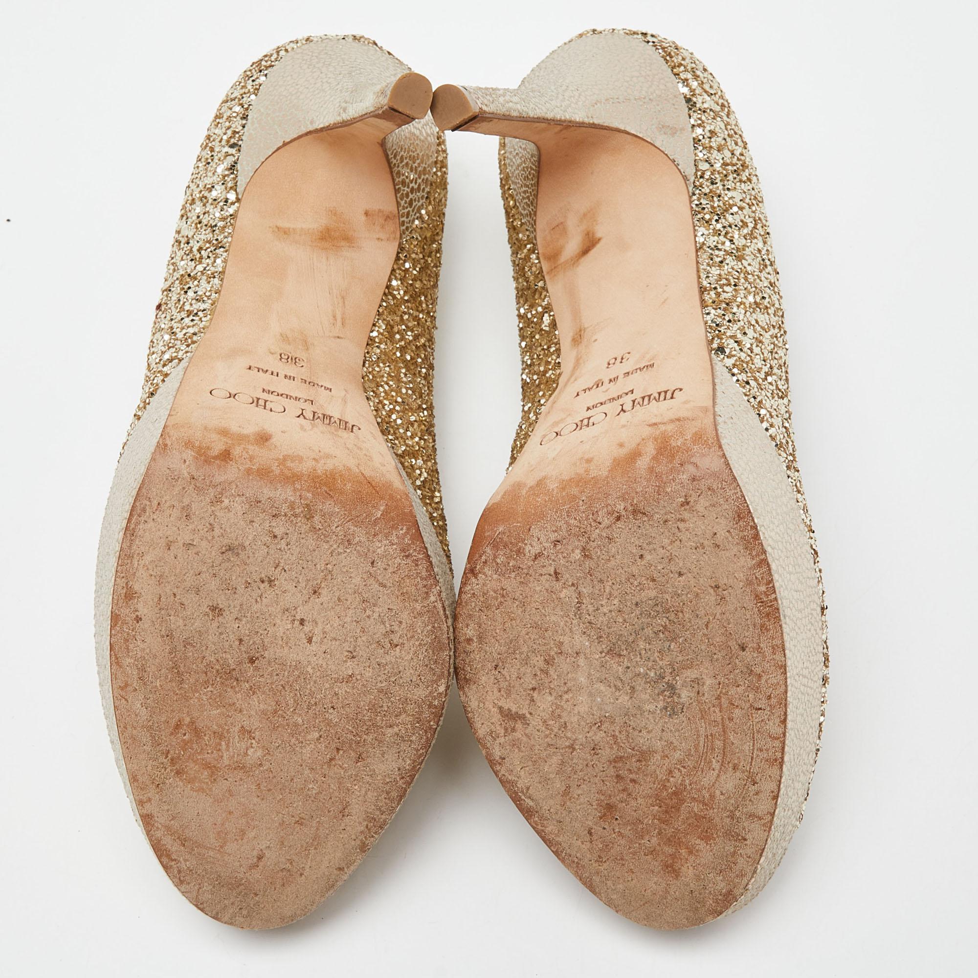 Jimmy Choo Gold Glitter Dahlia Platform Peep Toe Pumps Size 38 2