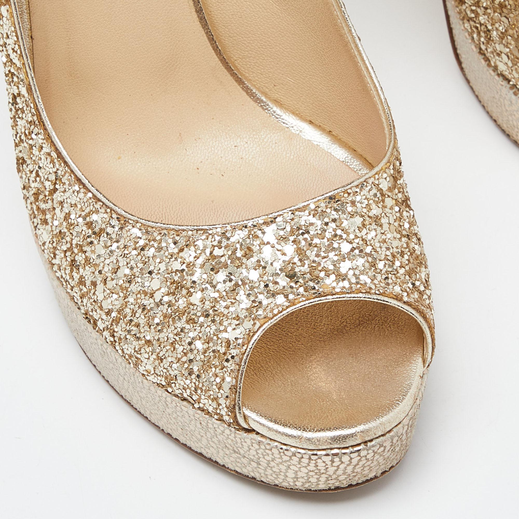Jimmy Choo Gold Glitter Dahlia Platform Peep Toe Pumps Size 38 3