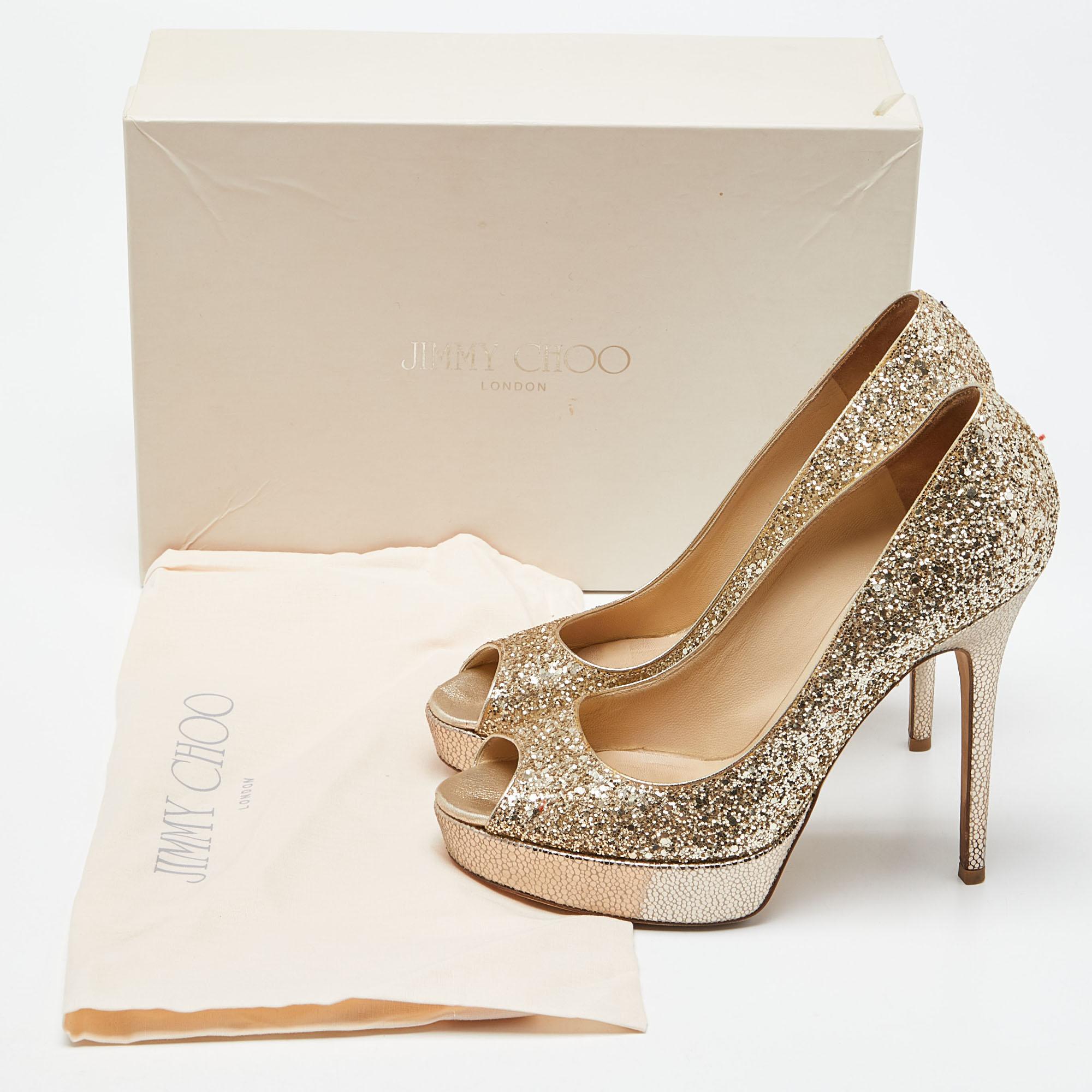 Jimmy Choo Gold Glitter Dahlia Platform Peep Toe Pumps Size 38 5