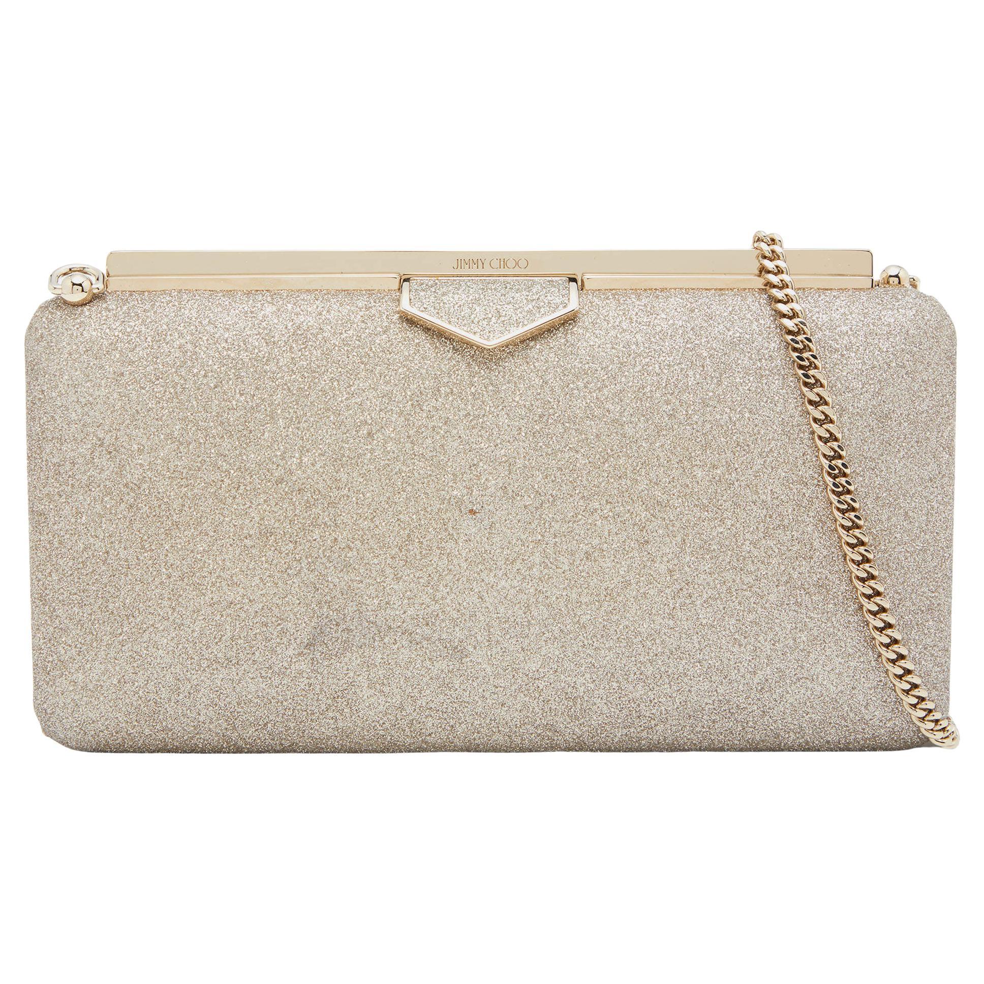 Jimmy Choo Gold Glitter Ellipse Chain Clutch