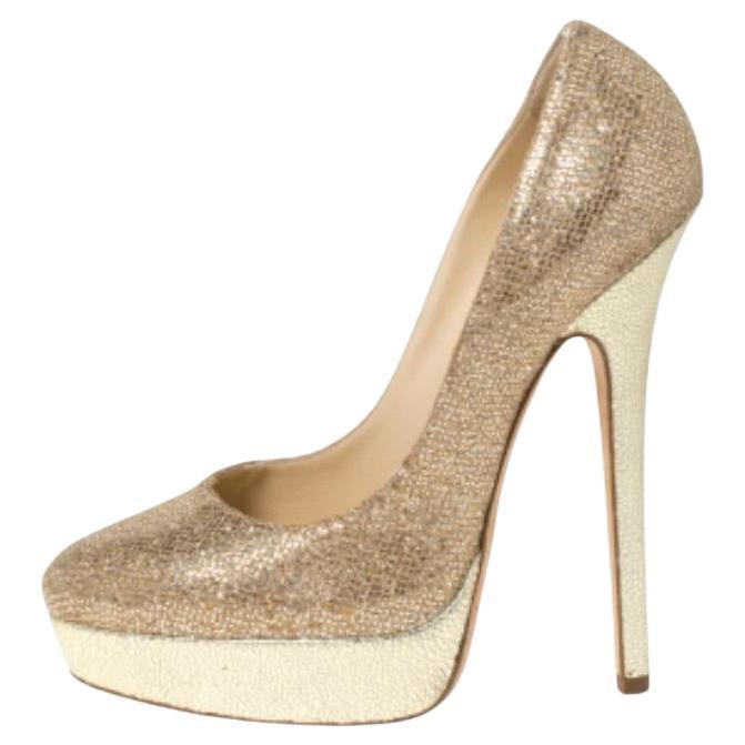Jimmy Choo Pumps con plateau Eros in tessuto glitterato oro e pelle goffrata misura 38 in vendita