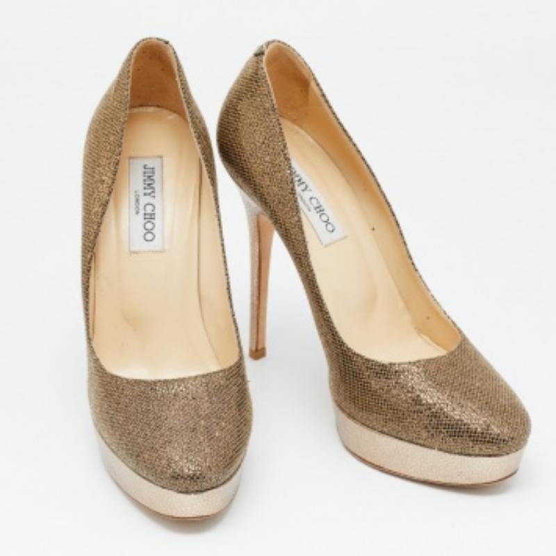 Brown Jimmy Choo Gold Glitter Fabric And Embossed Leather Eros Platform Pumps Size 40 For Sale