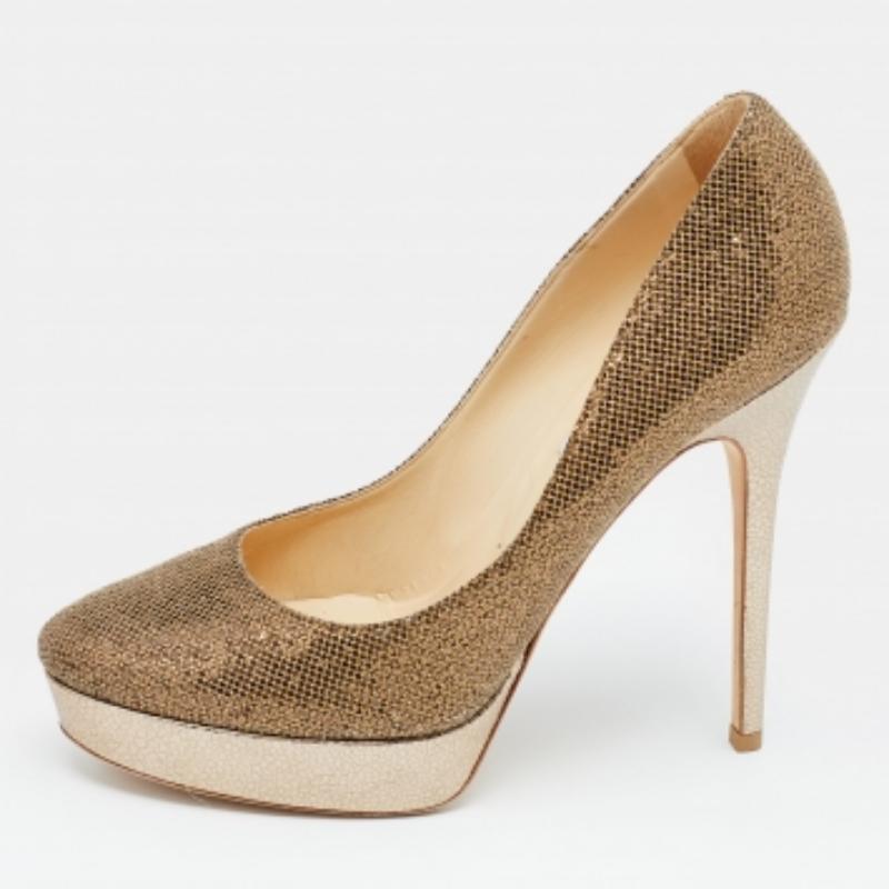 Women's Jimmy Choo Gold Glitter Fabric And Embossed Leather Eros Platform Pumps Size 40 For Sale