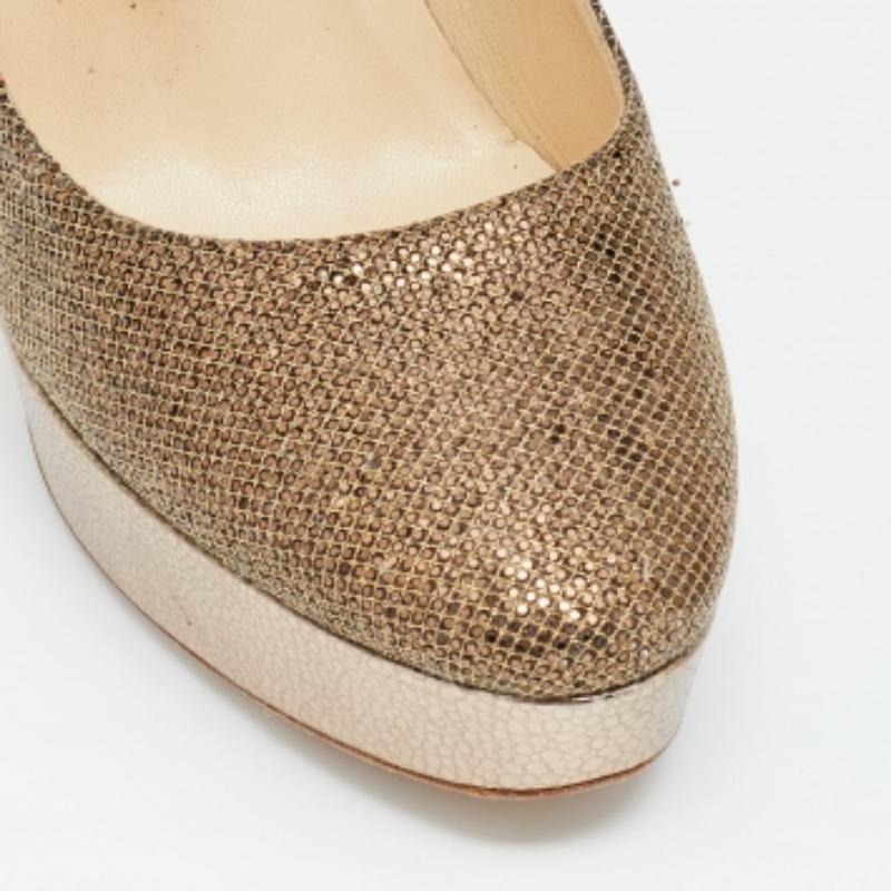 Jimmy Choo Gold Glitter Fabric And Embossed Leather Eros Platform Pumps Size 40 For Sale 1