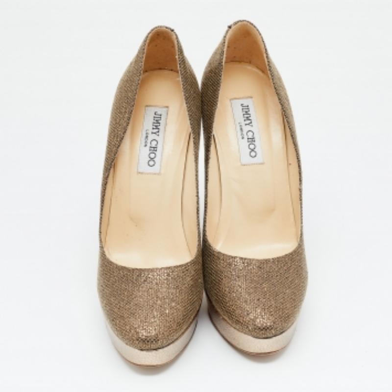 Jimmy Choo Gold Glitter Fabric And Embossed Leather Eros Platform Pumps Size 40 For Sale 2