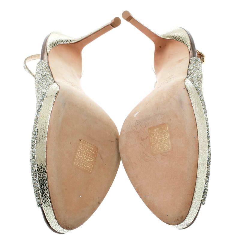 Brown Jimmy Choo Gold Glitter Fabric Clue Peep Toe Platform Slingback Sandals 40.5