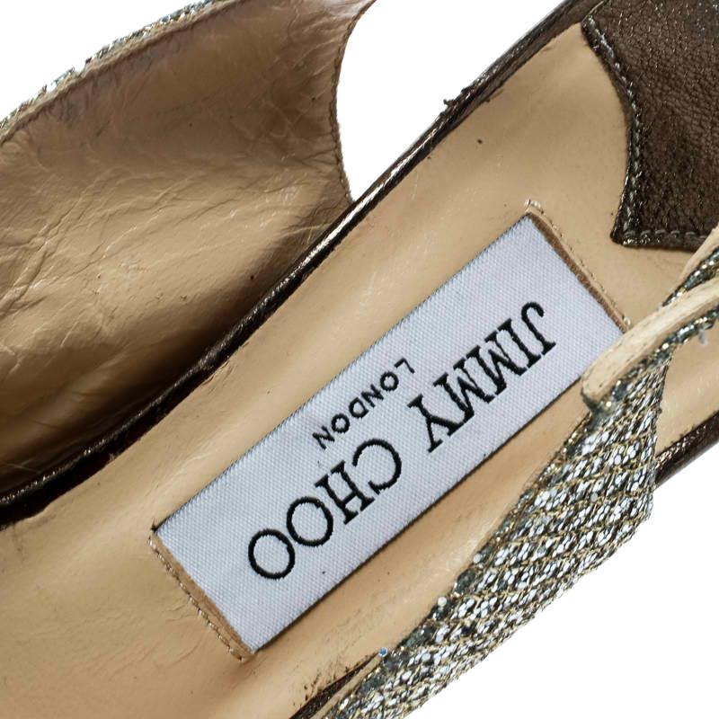Jimmy Choo Gold Glitter Fabric Clue Peep Toe Platform Slingback Sandals 40.5 In Excellent Condition In Dubai, Al Qouz 2