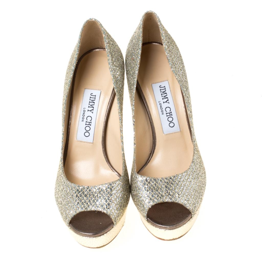 Jimmy Choo Gold Glitter Fabric Dahlia Platform Peep Toe Pumps Size 36 In Good Condition In Dubai, Al Qouz 2