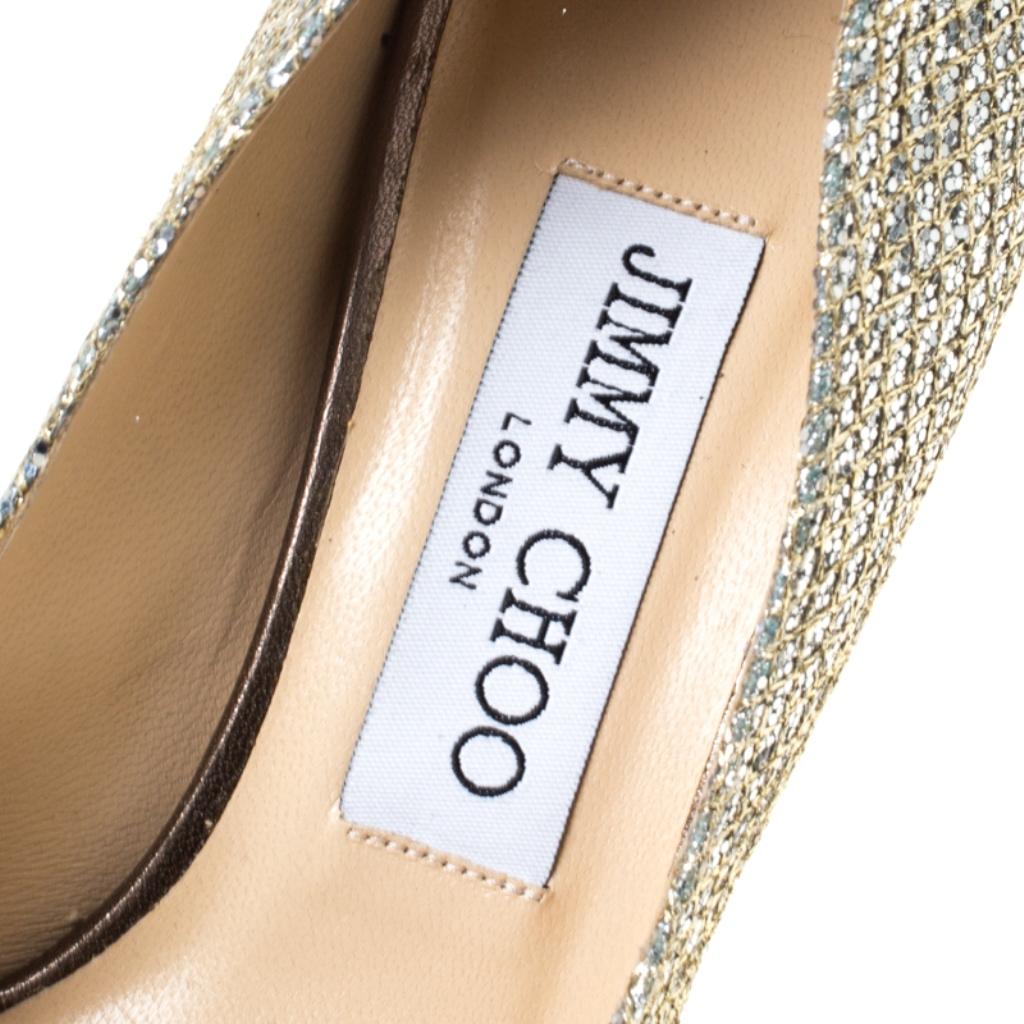 Jimmy Choo Gold Glitter Fabric Dahlia Platform Peep Toe Pumps Size 36 3
