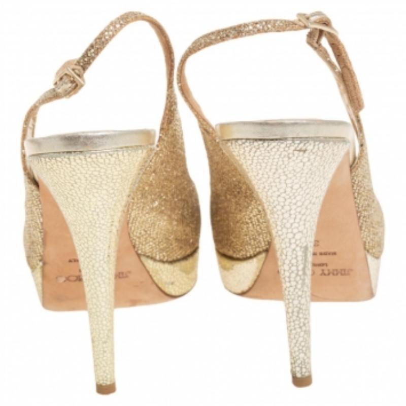 Jimmy Choo Gold Glitter Fabric Nova Peep Toe Platform Slingback Sandals Size 39 In Fair Condition For Sale In Dubai, Al Qouz 2
