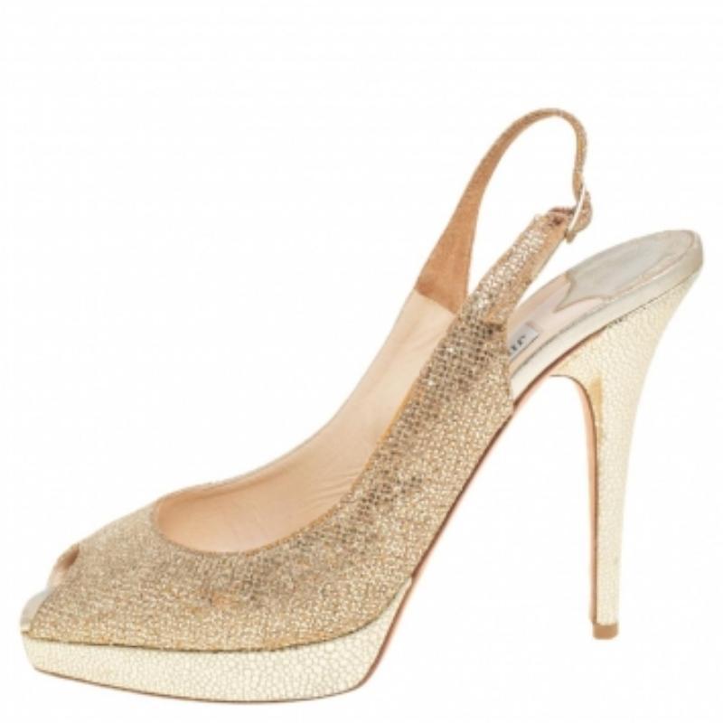 Jimmy Choo Gold Glitter Fabric Nova Peep Toe Platform Slingback Sandals Size 39 For Sale 2