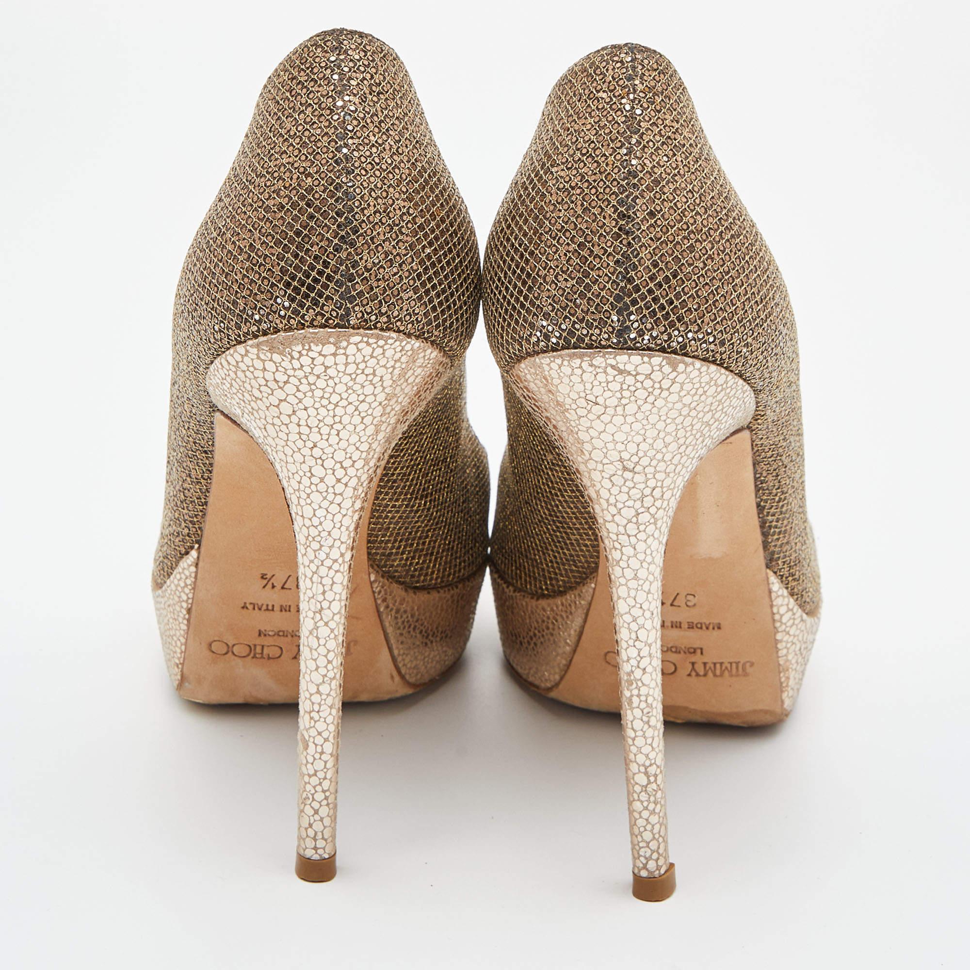 Jimmy Choo Gold Glitter Lamé Fabric Dahlia Platform Peep Toe Pumps Size 37.5 For Sale 1