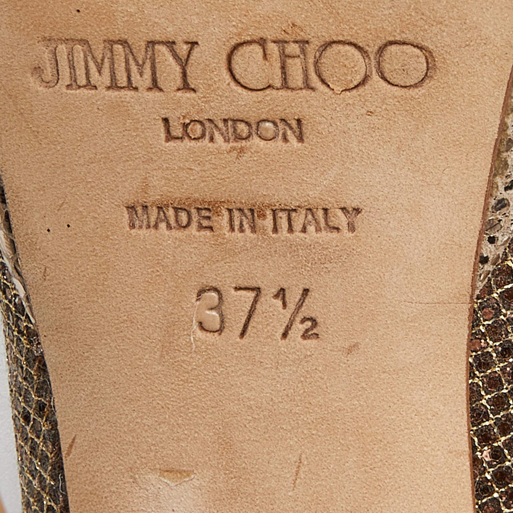 Jimmy Choo Gold Glitter Lamé Fabric Dahlia Platform Peep Toe Pumps Size 37.5 For Sale 4