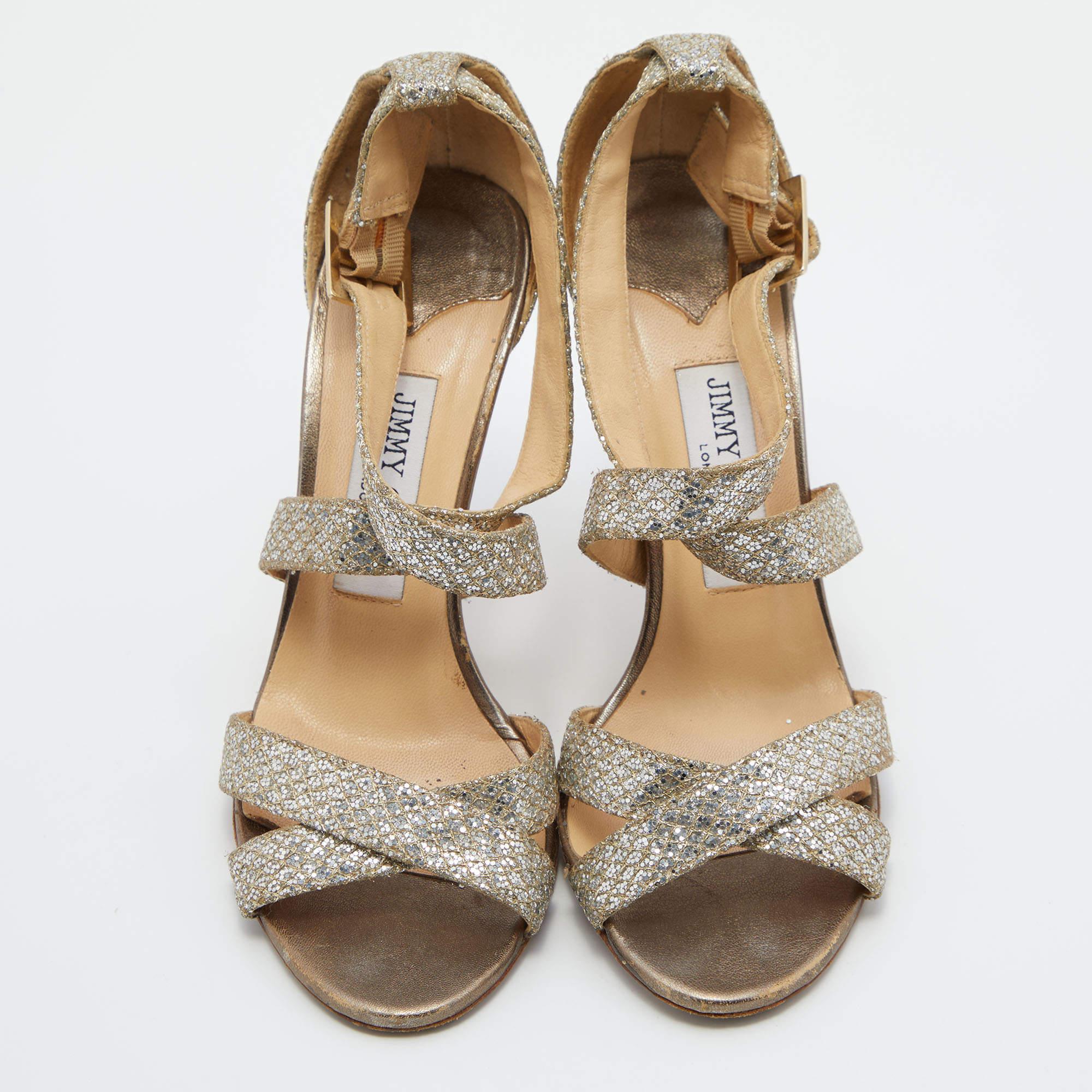 Brown Jimmy Choo Gold Glitter Louise Strappy Sandals Size 38 For Sale