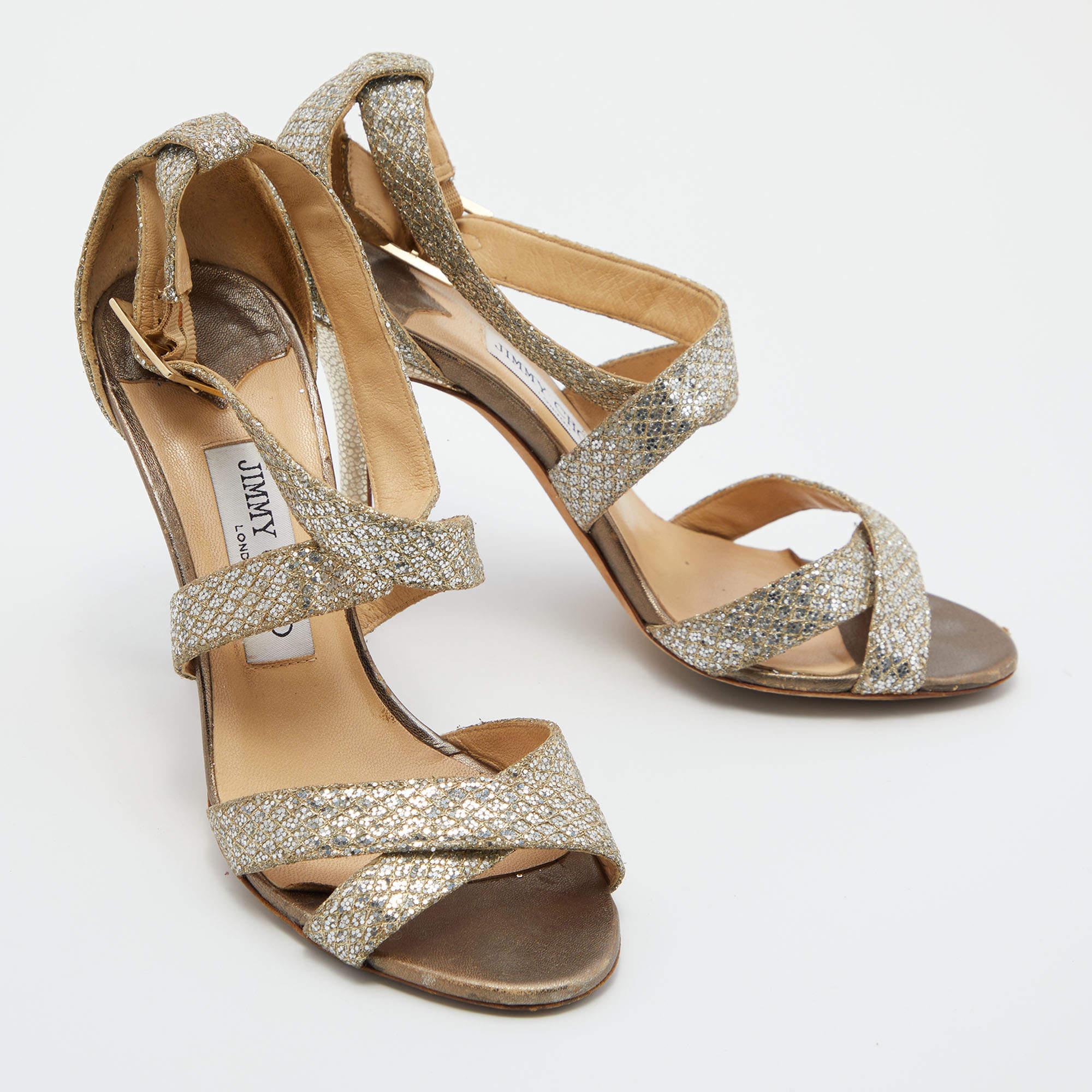Jimmy Choo Gold Glitter Louise Strappy Sandals Size 38 In Fair Condition For Sale In Dubai, Al Qouz 2