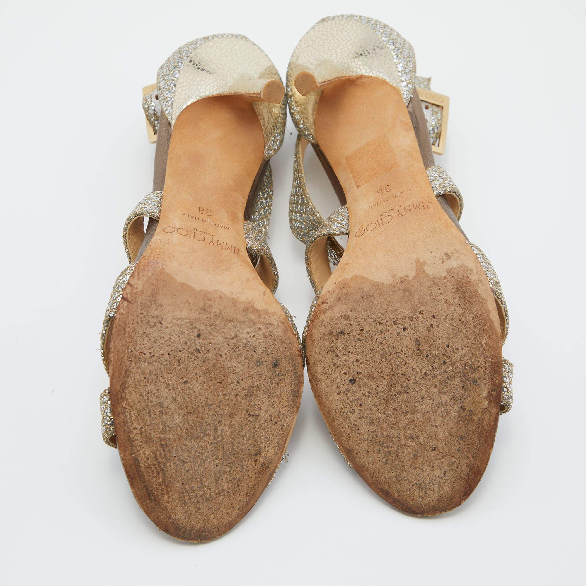 Jimmy Choo Gold Glitter Louise Strappy Sandals Size 38 For Sale 1