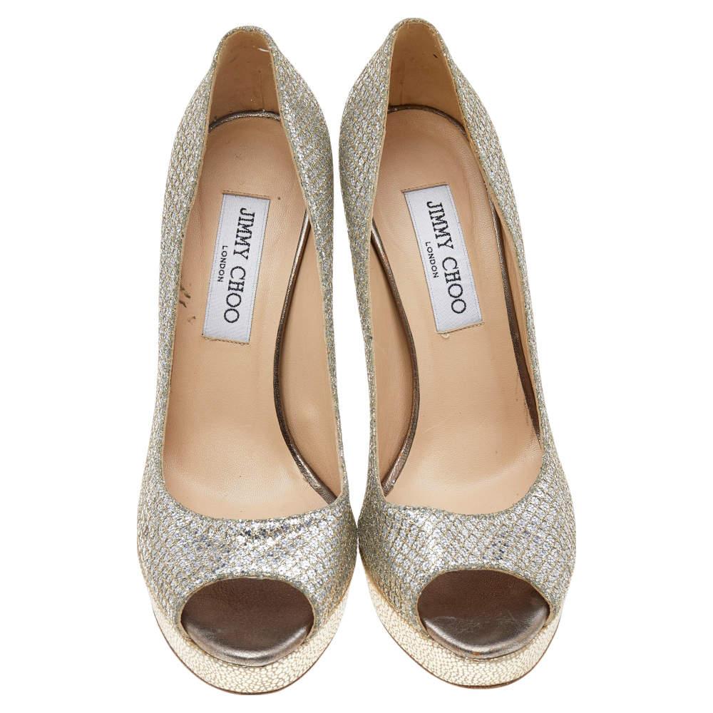 Brown Jimmy Choo Gold Glitter Luna Peep Toe Platform Pumps Size 38