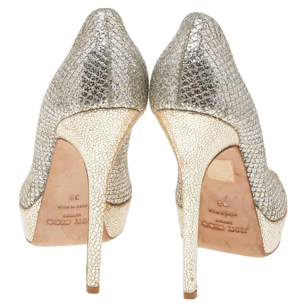 Women's Jimmy Choo Gold Glitter Luna Peep Toe Platform Pumps Size 38