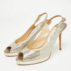 Jimmy Choo Gold Glitter & Lurex Fabric Nova Peep Toe Slingback Sandals Size 37.5