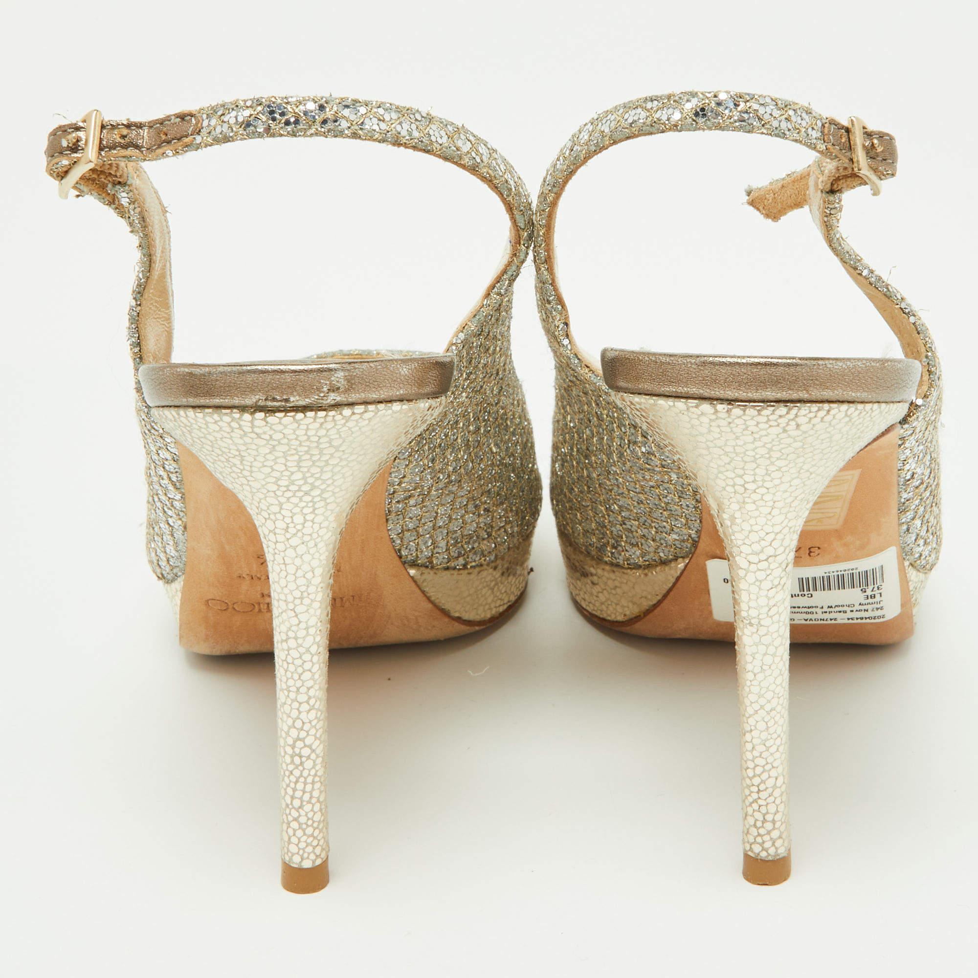 Jimmy Choo - Sandales Nova à bout ouvert avec paillettes dorées et tissu lurex, taille 37,5 Pour femmes en vente