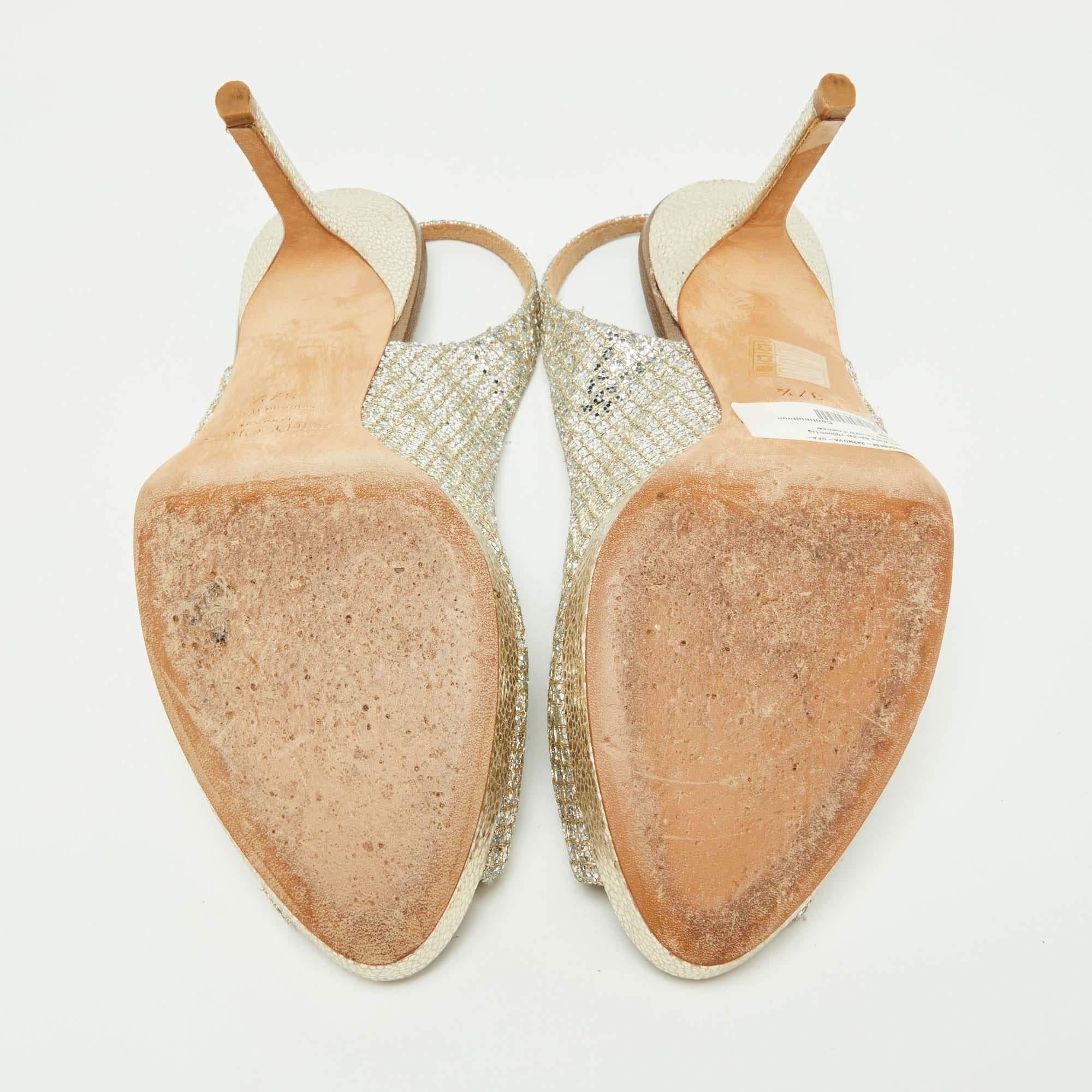 Jimmy Choo - Sandales Nova à bout ouvert avec paillettes dorées et tissu lurex, taille 37,5 en vente 1