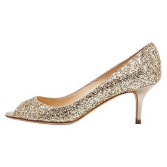 Jimmy Choo Gold Glitter Open Toe Pumps Size 37.5