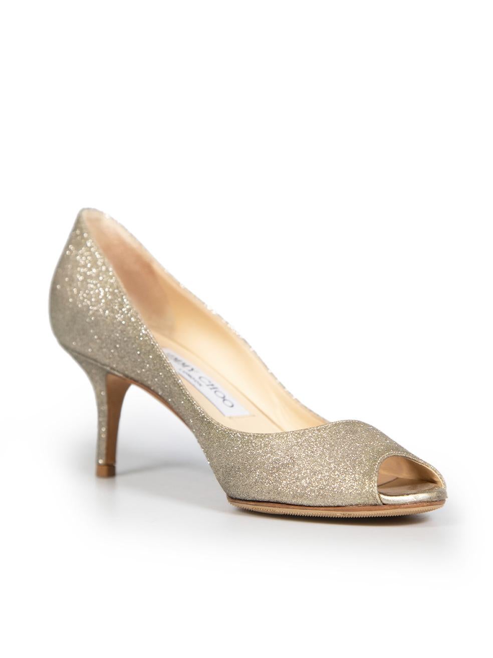 CONDITION is Good. Minor wear to the shoes is evident. The front of both shoes are slightly misshaped and there is discolouration to both insoles on this used Jimmy Choo designer resale item. Please note this item has be resoled.
 
 
 Details
