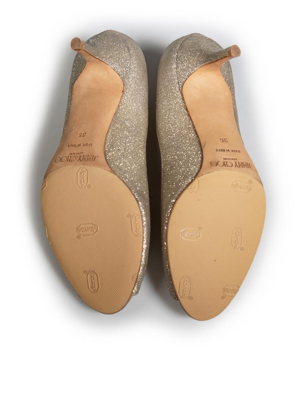 Women's Jimmy Choo Gold Glitter Peep Toe Dahlia Heels Size IT 36