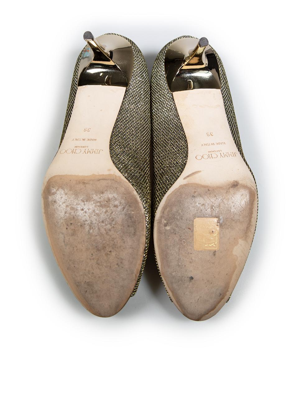 Jimmy Choo Gold Glitter Peep Toe Heels Size IT 39 In Good Condition In London, GB