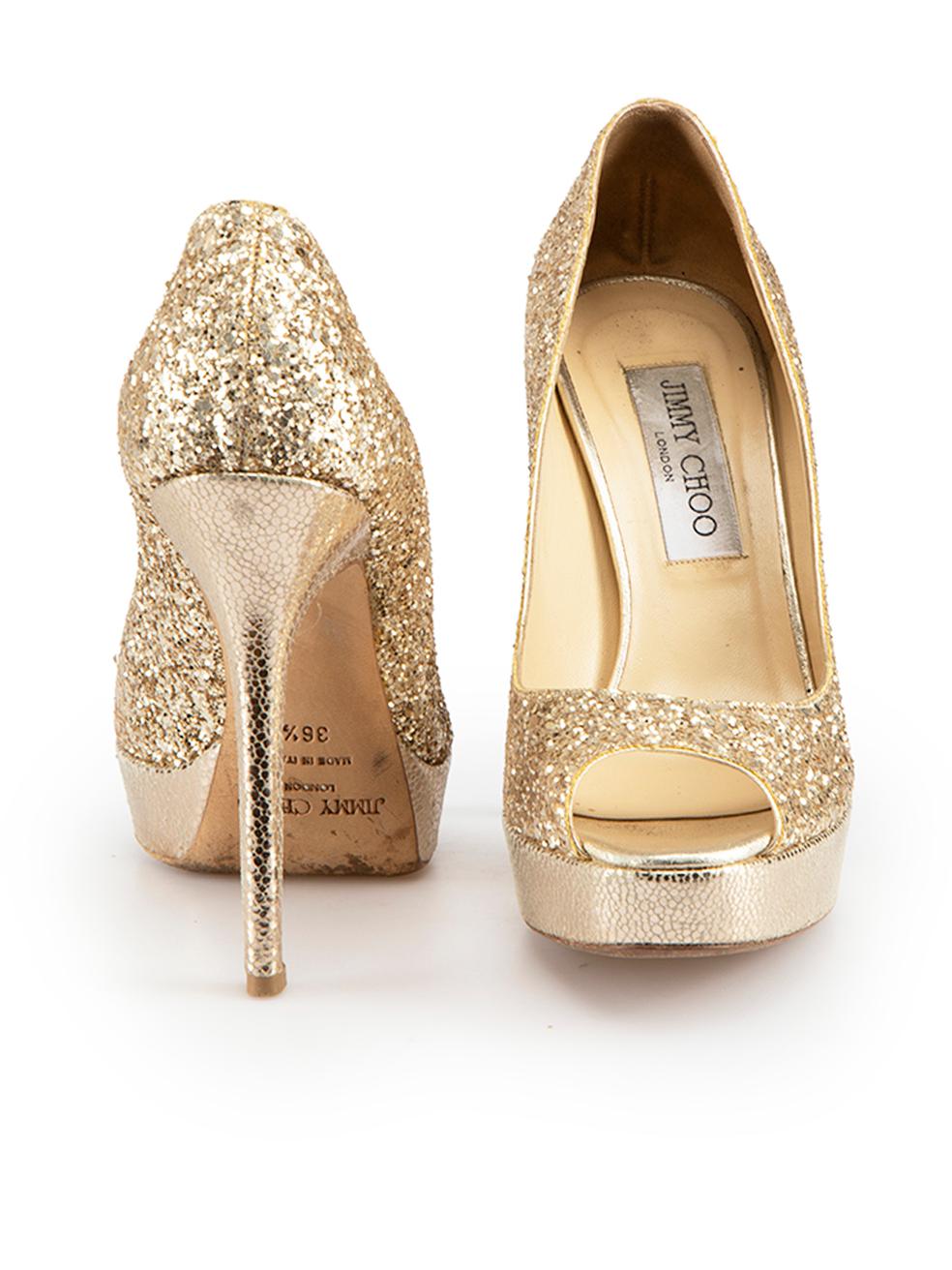 Jimmy Choo Gold Glitter Platform High Heels Size IT 36.5 In Good Condition In London, GB