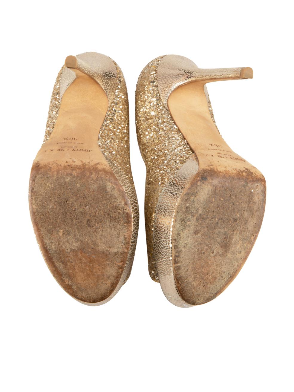 Women's Jimmy Choo Gold Glitter Platform High Heels Size IT 36.5