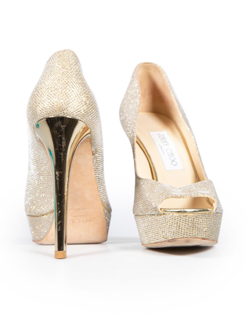 Jimmy Choo Gold Glitter Platform Peep Toe Heels Size IT 38 In Good Condition For Sale In London, GB