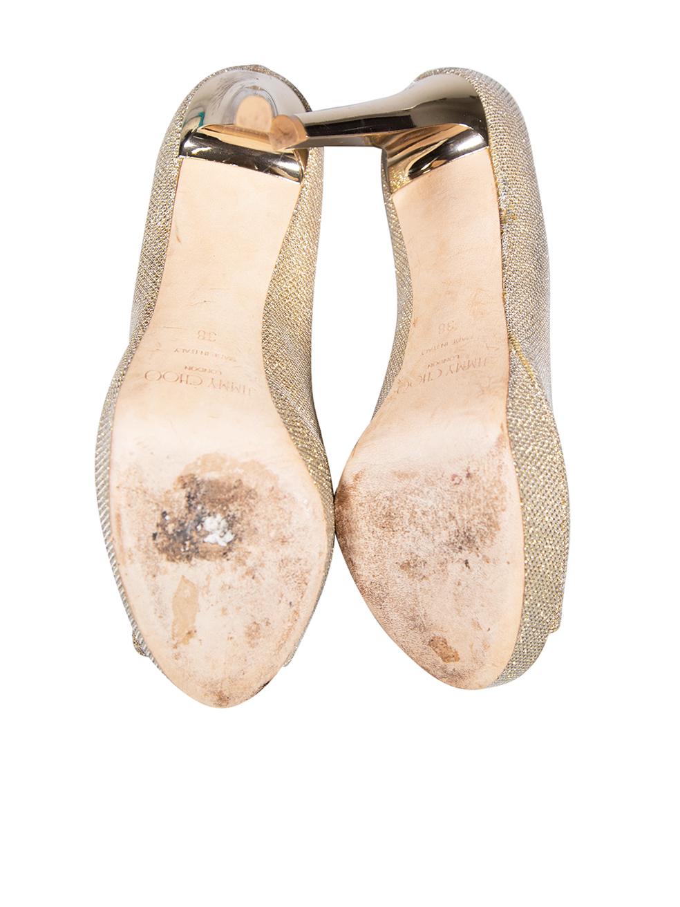Women's Jimmy Choo Gold Glitter Platform Peep Toe Heels Size IT 38 For Sale