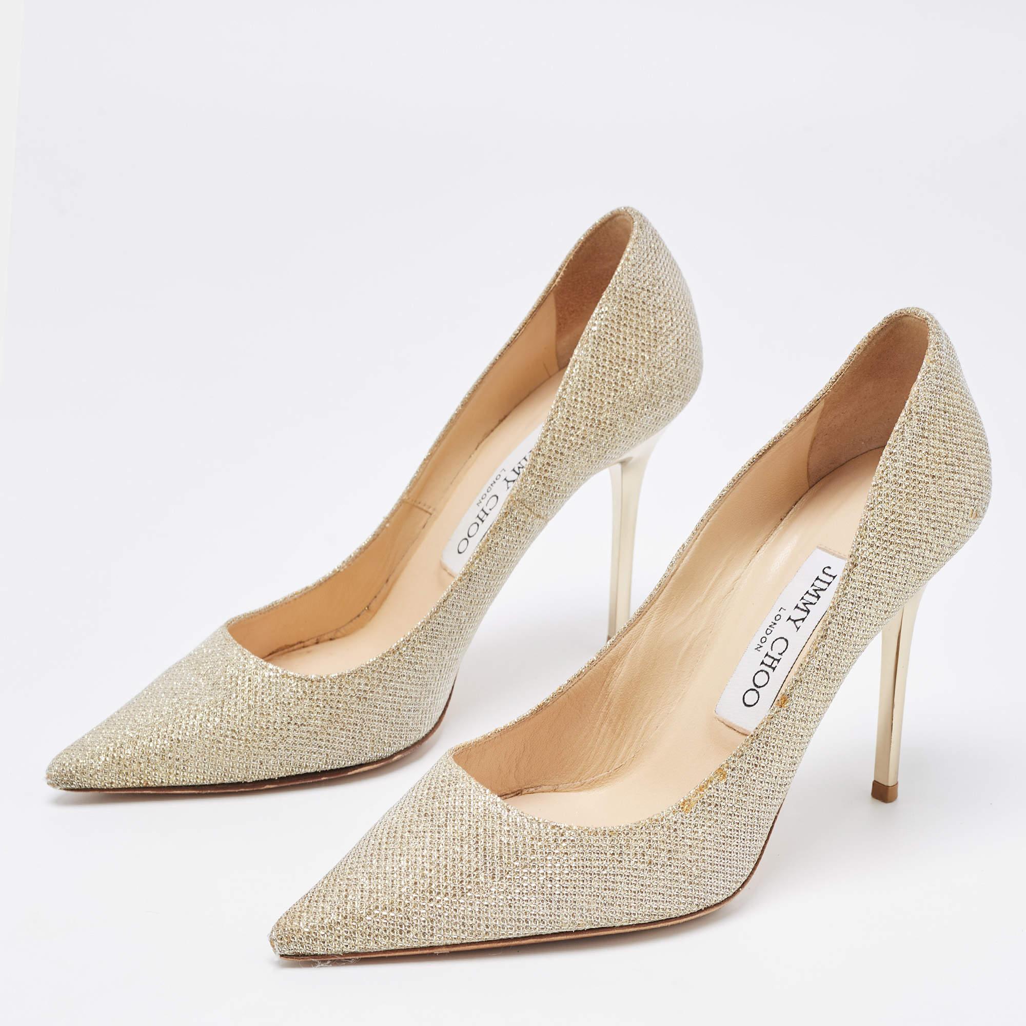 Women's Jimmy Choo Gold Glitter Romy Pointed Toe Pumps Size 36 For Sale