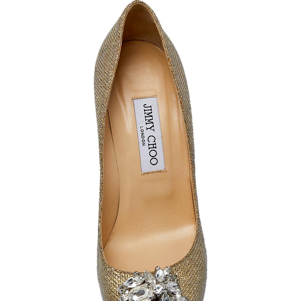 Brown Jimmy Choo Gold Lame Fabric And Glitter Crystal Embellished Pumps Size 39