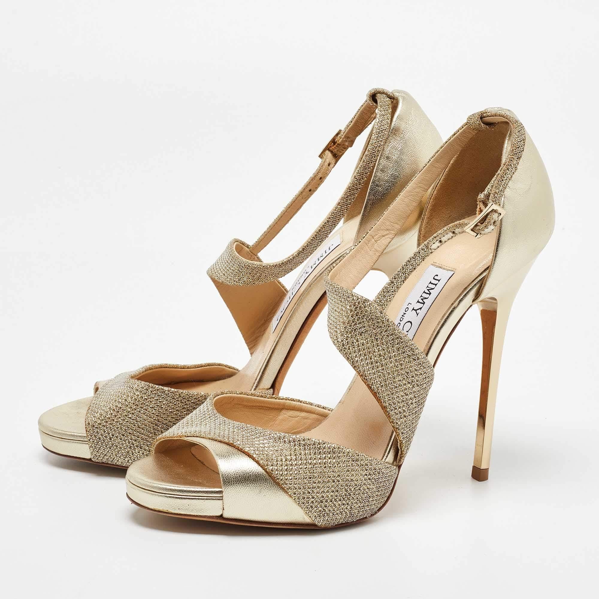 Women's Jimmy Choo Gold Lame Fabric and Leather Tyne Ankle Strap Sandals 36.5