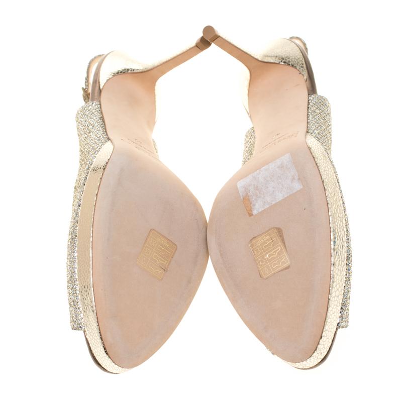 Women's Jimmy Choo Gold Lamè Glitter Fabric Nova Peep Toe Platform Slingback Sandals 42