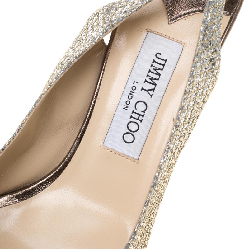 Jimmy Choo Gold Lamè Glitter Fabric Nova Peep Toe Platform Slingback Sandals 42 1