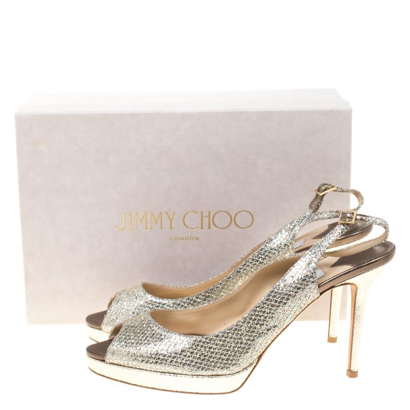 Jimmy Choo Gold Lamè Glitter Fabric Nova Peep Toe Platform Slingback Sandals 42 3