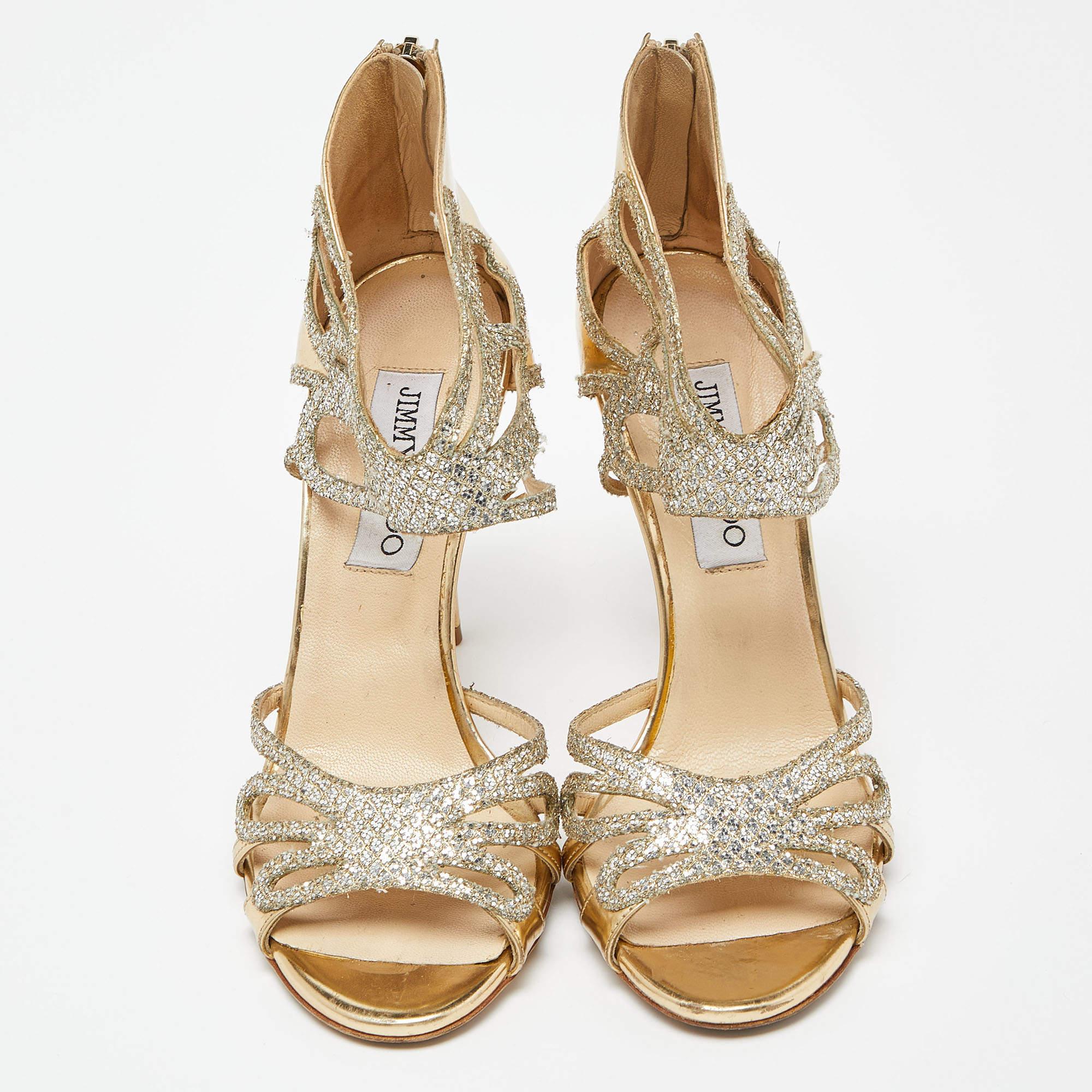 Jimmy Choo Gold Laminated Leather and Glitter Zip Sandals Size 37 In Fair Condition In Dubai, Al Qouz 2