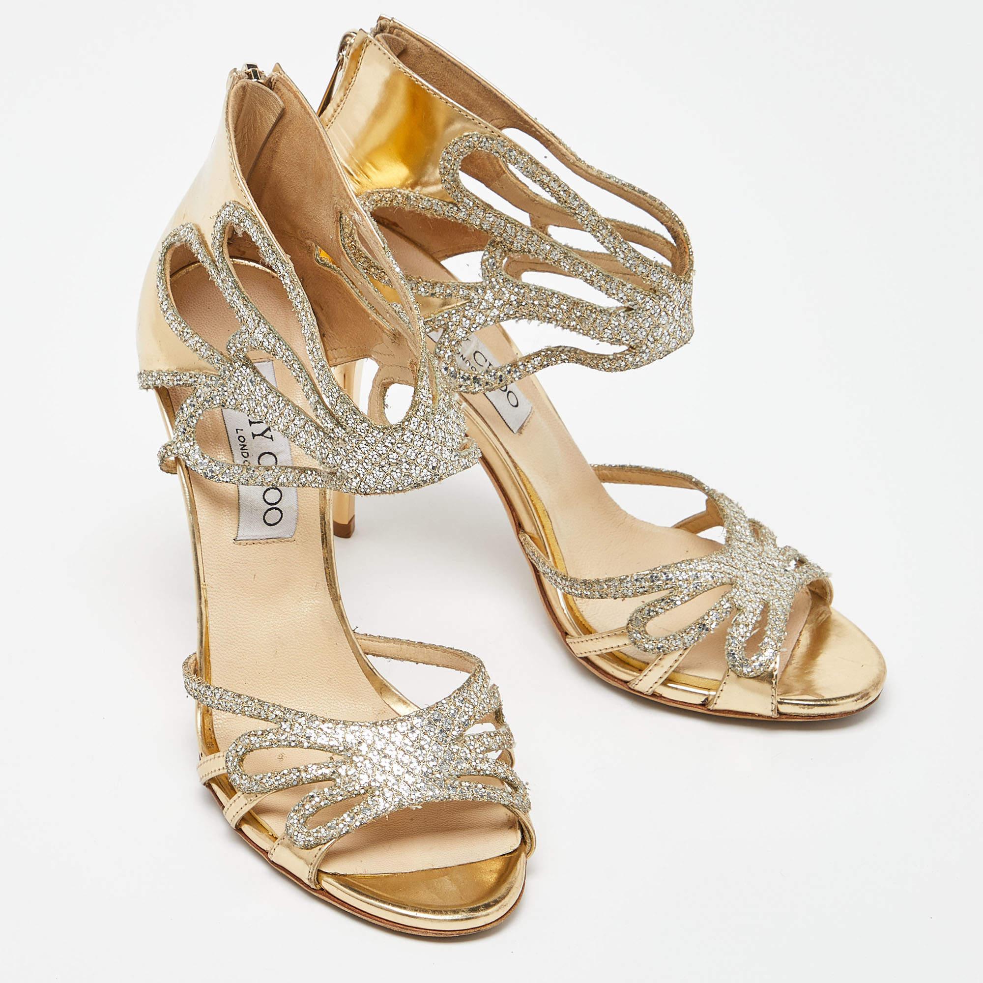 Women's Jimmy Choo Gold Laminated Leather and Glitter Zip Sandals Size 37