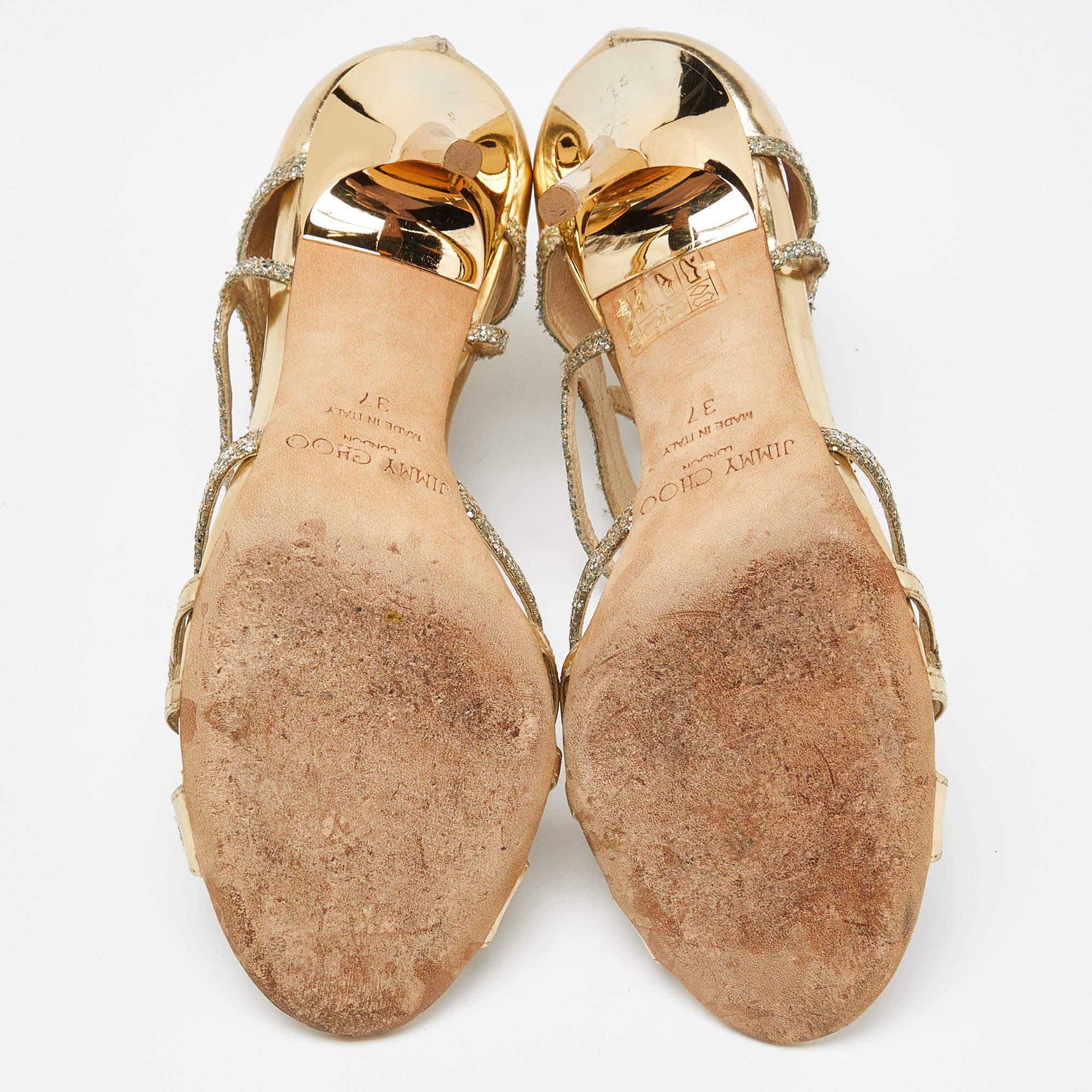 Jimmy Choo Gold Laminated Leather and Glitter Zip Sandals Size 37 2