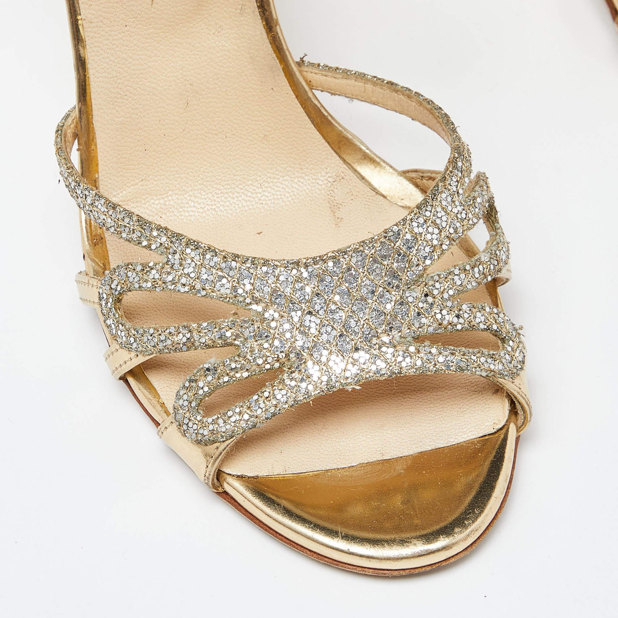 Jimmy Choo Gold Laminated Leather and Glitter Zip Sandals Size 37 3