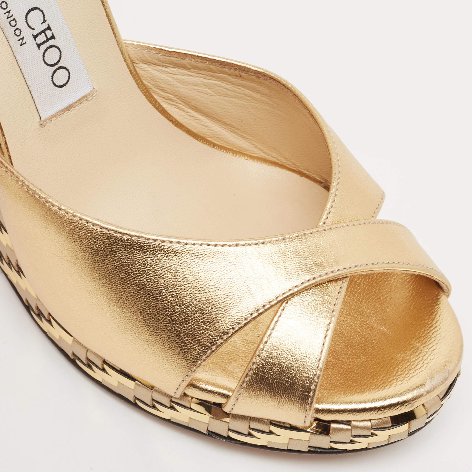 Jimmy Choo Gold Leather Almer Wedge Sandals Size 38 For Sale 2