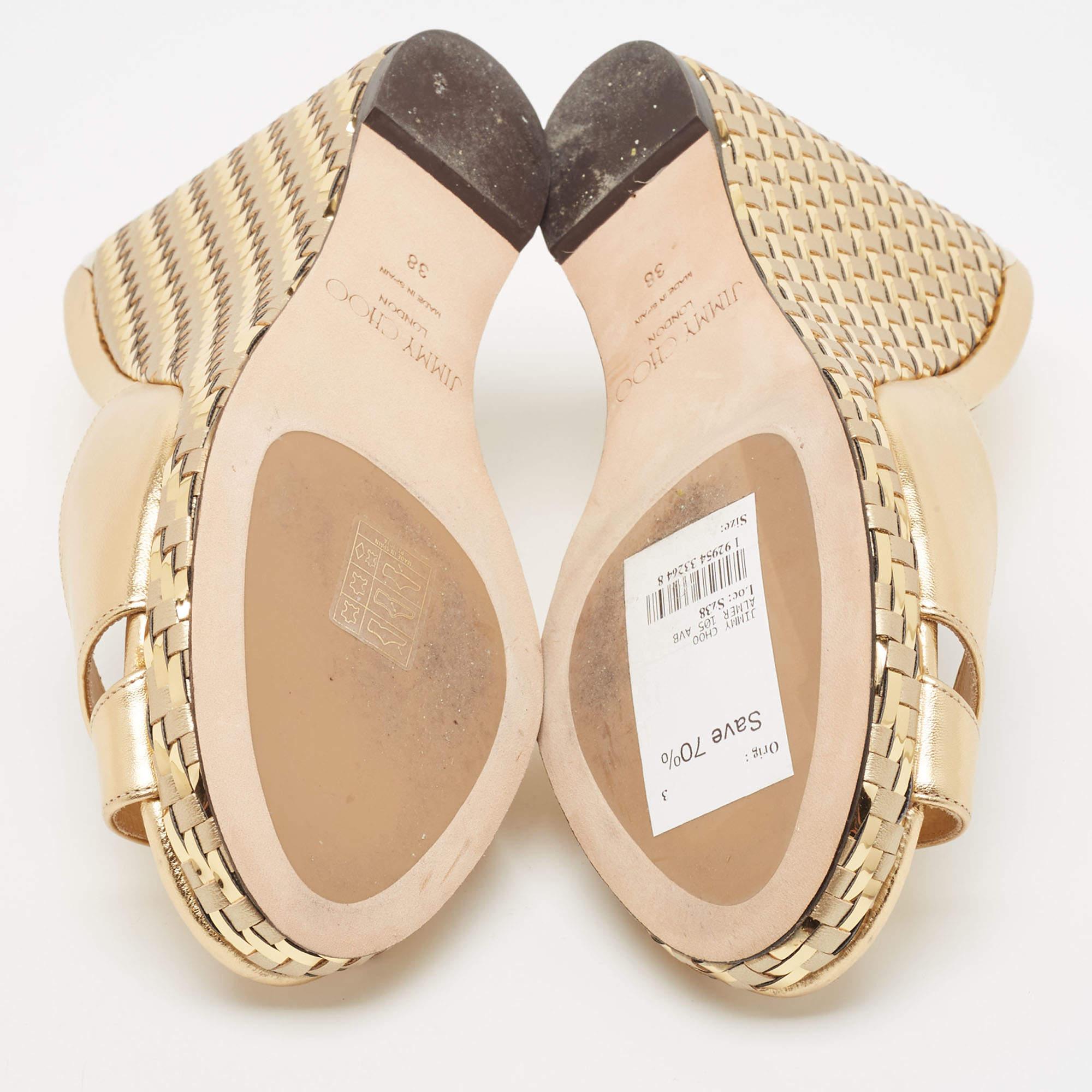 Jimmy Choo Gold Leather Almer Wedge Sandals Size 38 For Sale 3