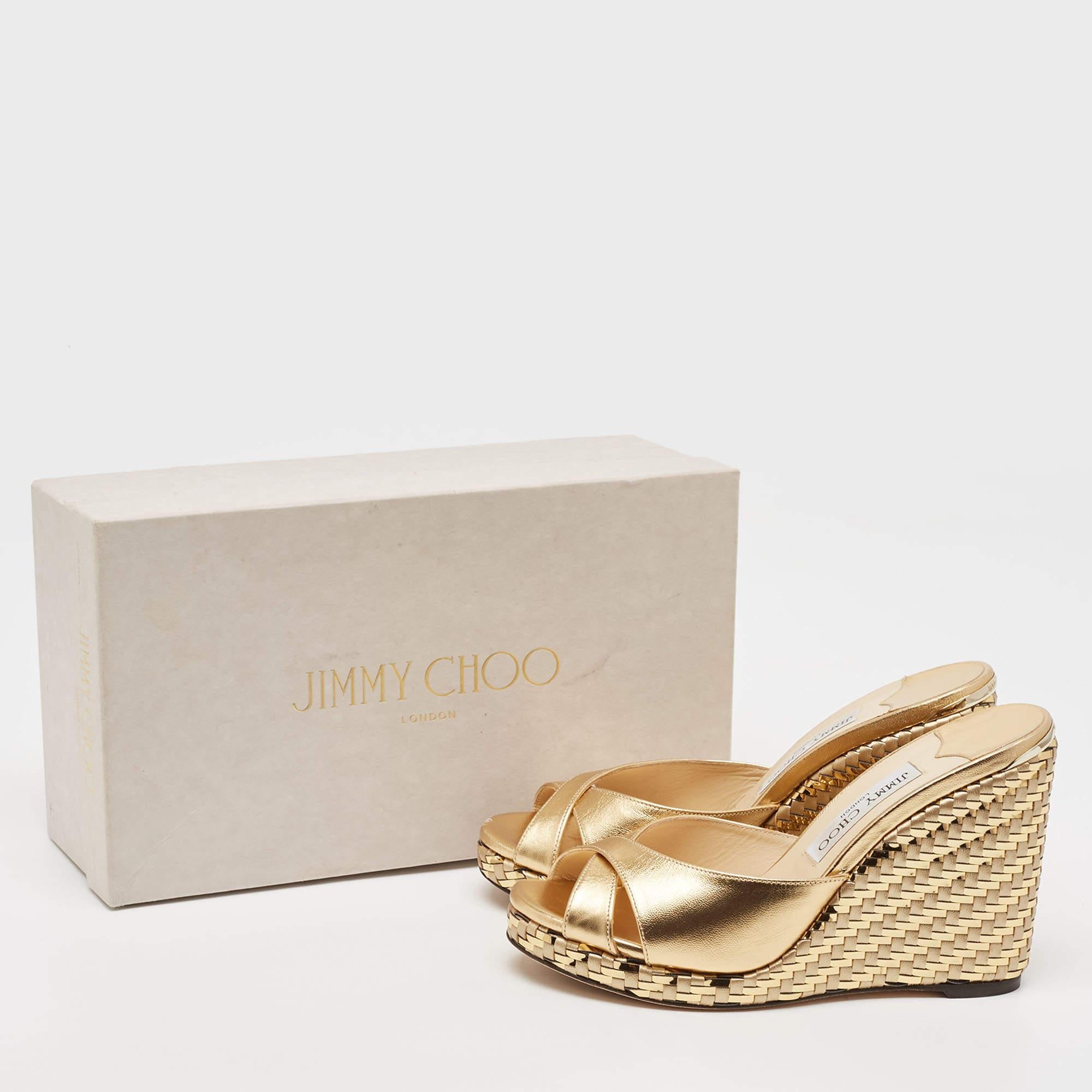 Jimmy Choo Gold Leather Almer Wedge Sandals Size 38 For Sale 5