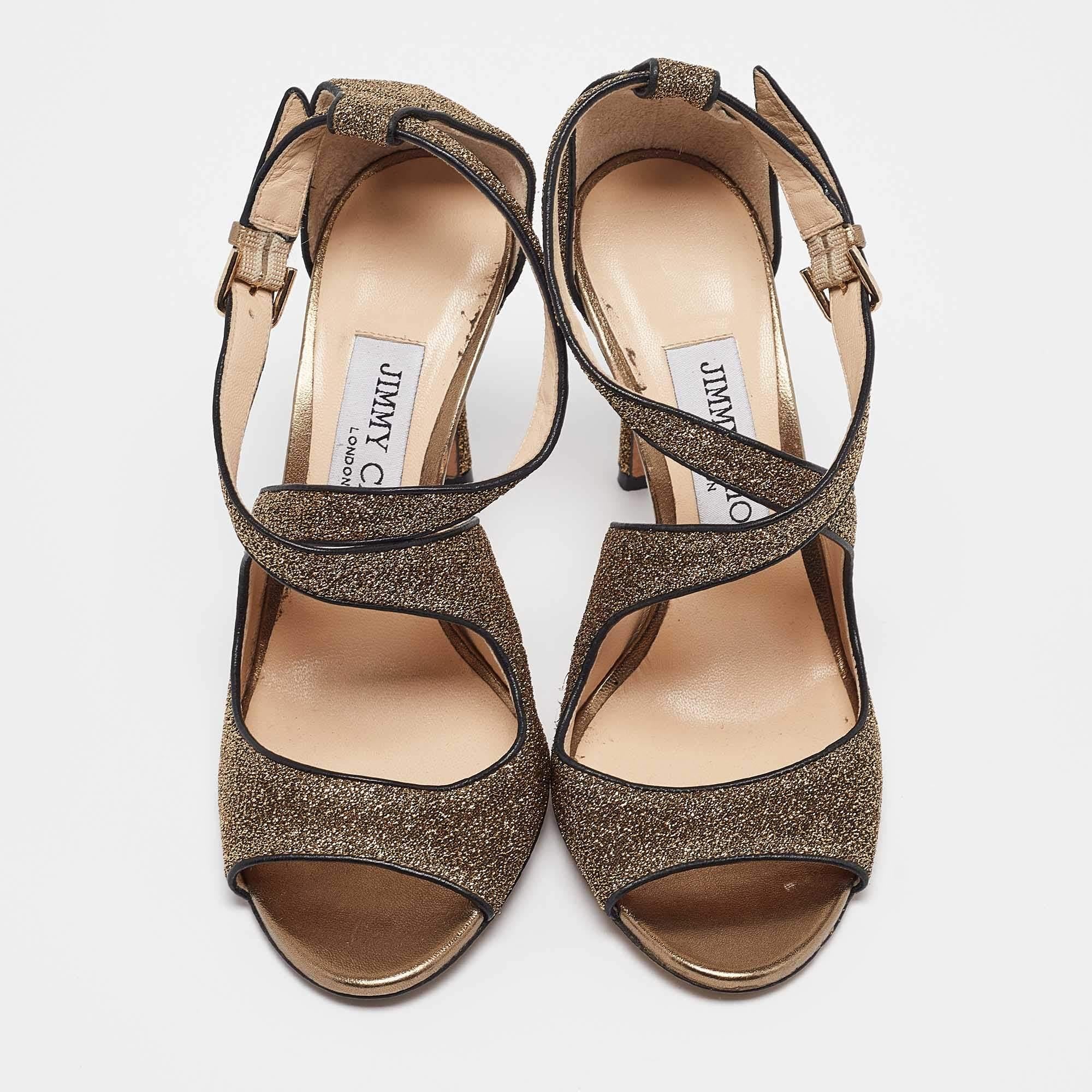 Marron Jimmy Choo - Sandales Emily à lanières en cuir doré et tissu lurex, taille 35 en vente