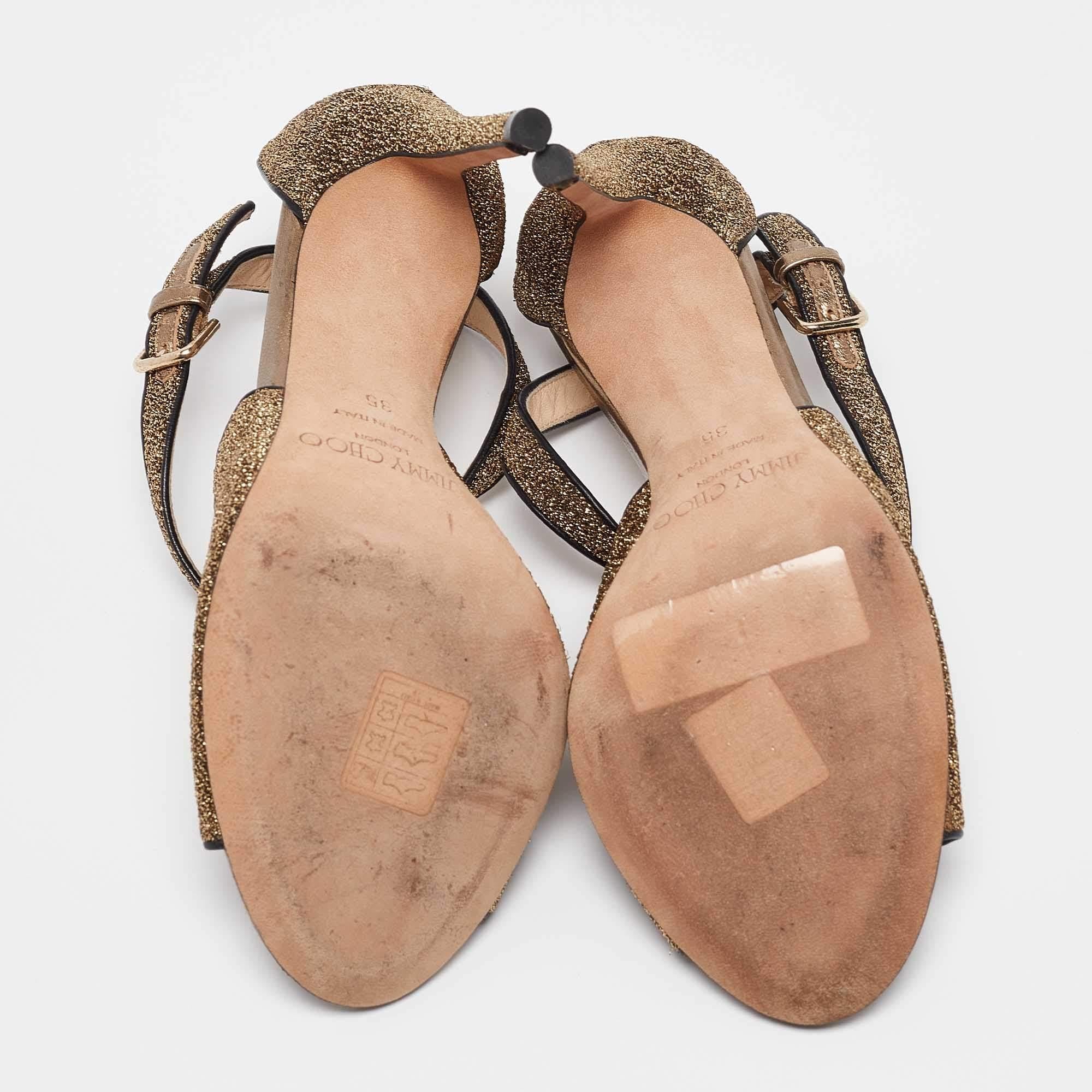 Jimmy Choo - Sandales Emily à lanières en cuir doré et tissu lurex, taille 35 en vente 1